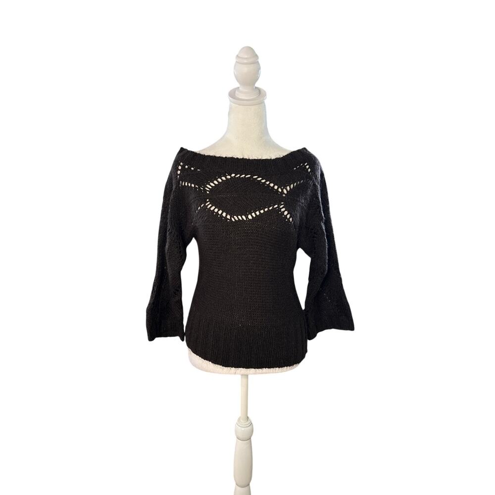 Roxy Y2K Brown Mohair Blend Bell Sleeve Sweater Boho Open Knit Boat Neck Size M